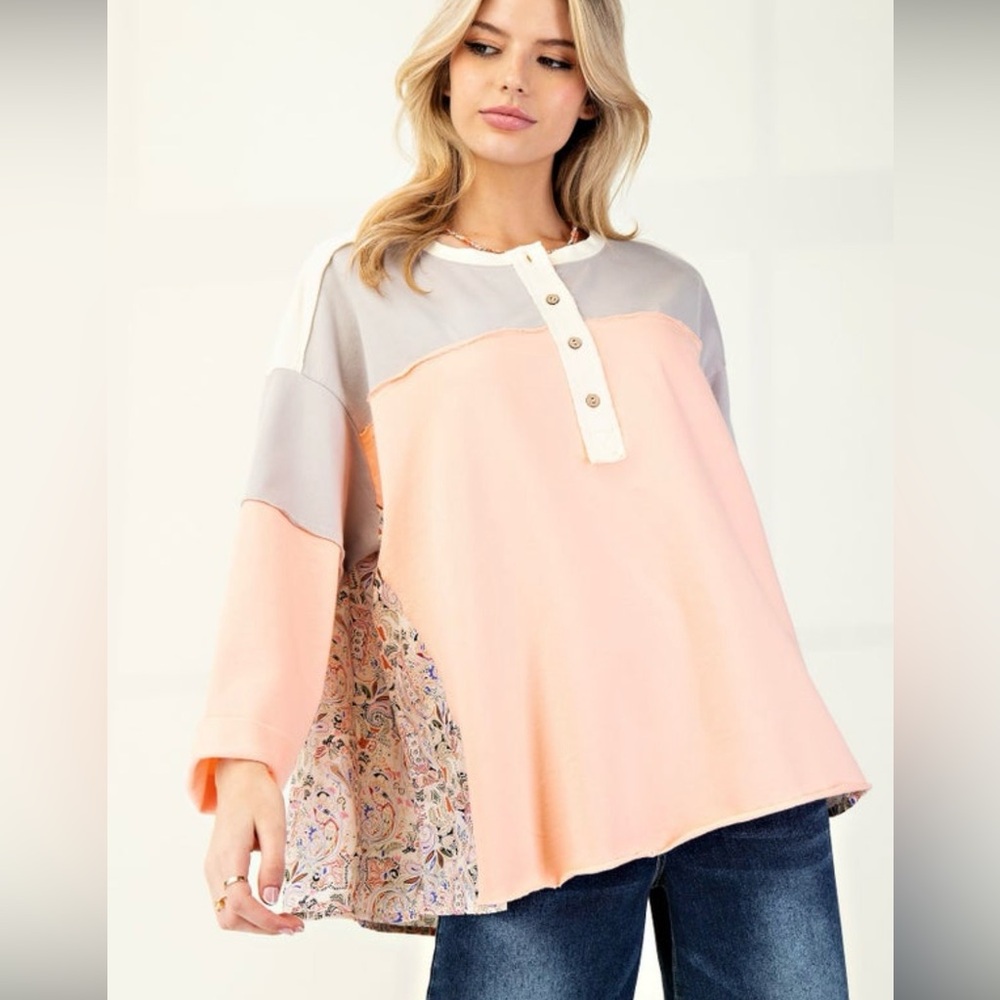 Easel Cream and Peach Colorblock Long Sleeve Top